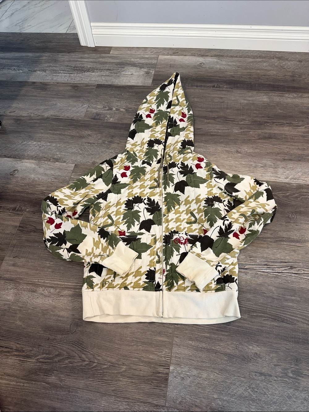 O'Neill Cream‎ Green Black Houndstooth Leaf Print Zip Hoodie